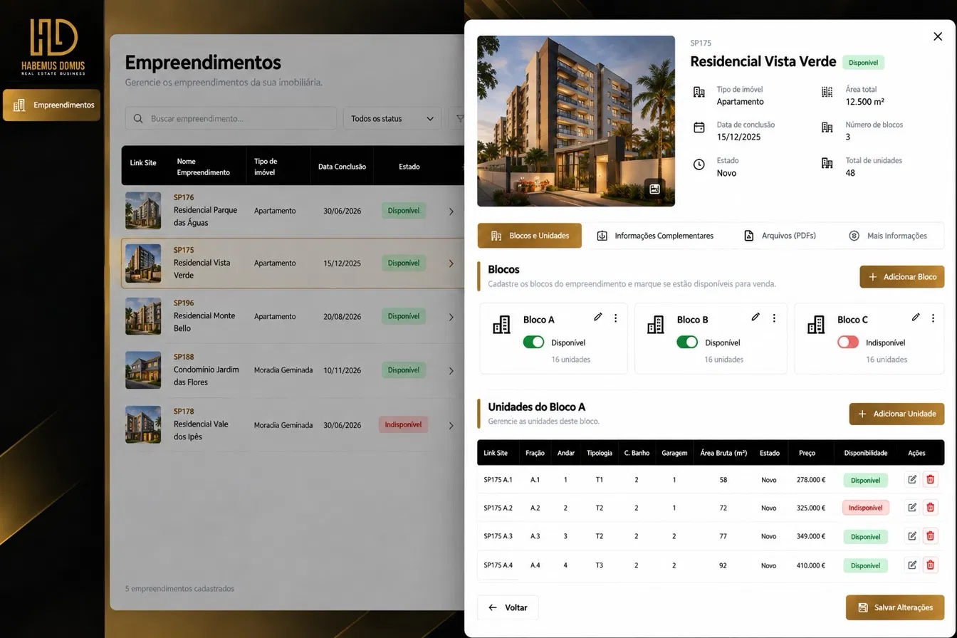 Ficha do empreendimento Residencial Vista Verde, com dados gerais, blocos com disponibilidade e a tabela de frações